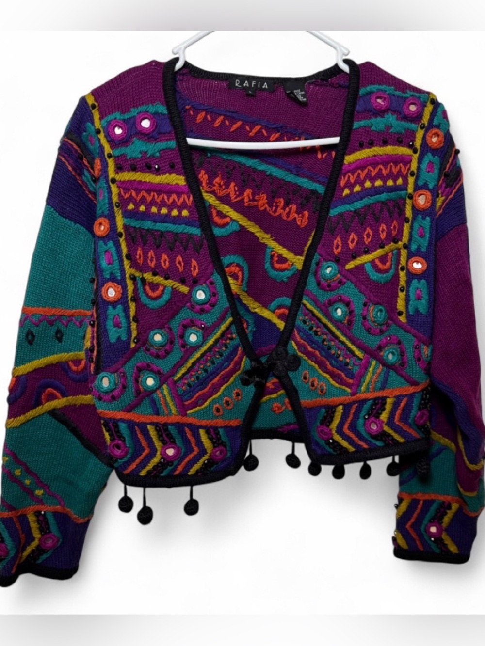 Rafia Vintage Cropped Cardigan Sweater Multi Color Beaded Pom Print Pom Frog Clo